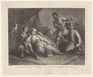 Mulher deitada sobre um tapete
Cenas da peça de teatro de Voltaire Zaire (título da série) de Francesco del Pedro