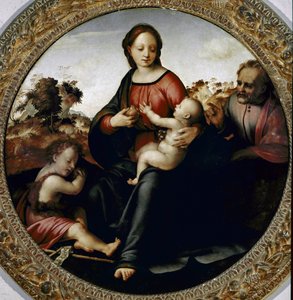 Sagrada família com o pequeno São João Batista Pintura de Francesco di Cristofano dit il Franciabigio (1482 Ð1525) cerca de 1516 Dim 97 cm Florence Galleria del 