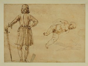 Uma criança sentada; um homem de pé segurando uma espada ...