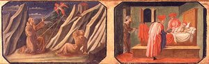 (LR) São Francisco de Assis recebendo os estigmas, SS. Cosme e Damião curando um homem doente; cópias de painéis originais que fazem parte do Predella para a Madonna e Criança Enthroned por Filippo Lipp de Francesco di Stefano Pesellino