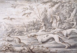 Caça à Lebre (caneta, tinta castanha e lavagem cinzenta sobre papel) de Francis Barlow