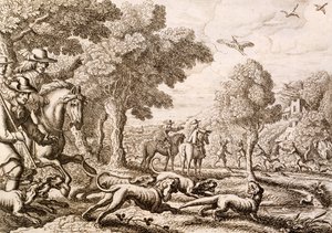 Caça às lontras por um rio, gravada por Wenceslaus Hollar, 1671 de Francis Barlow
