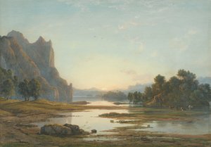 Pôr-do-sol sobre uma paisagem fluvial de Francis Danby