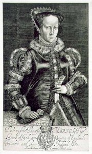 Retrato de Maria I (1516-58) Retrato da Supplicação de Thomas Hongar, gravada pelo artista, pub. por Compton Holland (gravura)