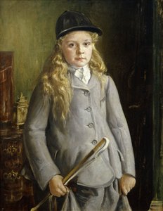 Retrato de uma menina, em pé com metade do comprimento, em vestido de equitação