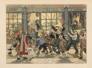 Loja de fogo de artifício - Crianças vitorianas puxando um Guy numa carroça na noite de Guy Fawkes, em frente à loja de fogo de artifício de L. Squibling. Cromolitografia a partir de uma ilustração de Francis Donkin Bedford do "The Book of Shops" de Edward de Francis Donkin Bedford
