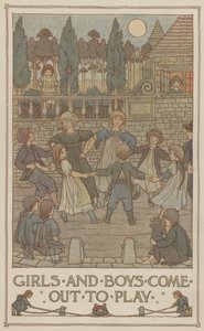 Meninas e meninos saem para brincar (litografia a cores) de Francis Donkin Bedford