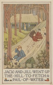 Jack e Jill subiram a colina para ir buscar um balde de água (litografia a cores) de Francis Donkin Bedford