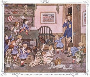 "Cortar, coser, recortar e criar, papá", de The Magic Fishbone pub.by Warne  Co, c.1940 (litografia a cores) de Francis Donkin Bedford