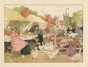 Crianças vitorianas a comprar legumes, a perseguir gansos e a picar porcos num mercado de aldeia. Cromolitografia a partir de uma ilustração de Francis Donkin Bedford de "The Book of Shops", de Edward Verrall Lucas de Francis Donkin Bedford