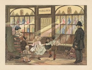 Crianças vitorianas a dançar em frente a uma farmácia enquanto um polícia observa. Cromolitografia a partir de uma ilustração de Francis Donkin Bedford de "The Book of Shops", de Edward Verrall Lucas