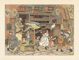 Crianças vitorianas a brincar com papagaios e catatuas na loja do criador de aves ou na loja de animais. Cromolitografia a partir de uma ilustração de Francis Donkin Bedford de "The Book of Shops", de Edward Verrall Lucas