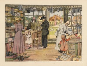 Clientes vitorianos a comprar presunto, livros e encomendas postais na loja da aldeia. Cromolitografia a partir de uma ilustração de Francis Donkin Bedford de "The Book of Shops", de Edward Verrall Lucas