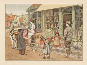 Família vitoriana em Henry Hoop, o ferreiro da aldeia. Cromolitografia a partir de uma ilustração de Francis Donkin Bedford de "The Book of Shops", de Edward Verrall Lucas de Francis Donkin Bedford