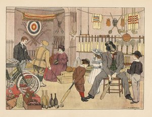 Pai vitoriano e filhos a comprar tacos de críquete numa loja de artigos desportivos. Golfista em plus fours com um empregado da loja. Cromolitografia a partir de uma ilustração de Francis Donkin Bedford de "The Book of Shops" de Edward Verrall Lucas de Francis Donkin Bedford