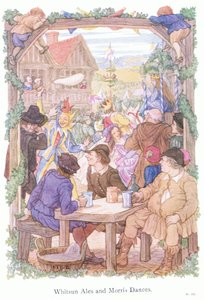 Cervejas de Pentecostes e dançarinos Morris (litografia a cores)
