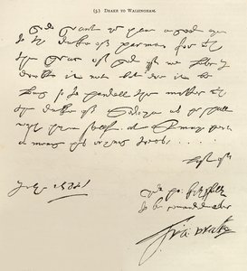 Carta de Sir Francis Drake a Sir Francis Walsingham assinada em 29 de julho de 1588, publicada em &39;Leisure Hour&39;, 1888 (tinta no papel) de Francis Drake