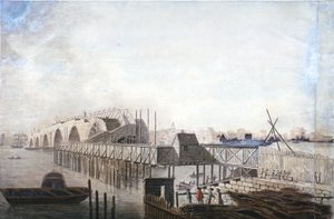 Vista da ponte temporária em Blackfriars, Londres, 1762