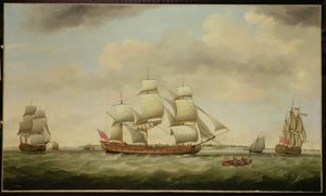 O East Indiaman "General Coote" em três posições ao largo de Downs de Francis Holman