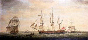 Três vistas do navio indiano "Royal Saint Georges", nas Downs, ao largo da costa de Kent (Inglaterra). Óleo sobre tela