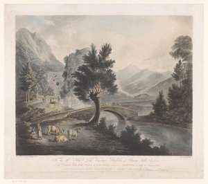 Gezicht op het meer Keswick met de Lodore-watervallen
Vista à distância da queda de Lowdore com parte do Lago Keswick em Cumberland (título sobre o objecto)