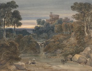 Paisagem com Castelo, Cascata e Córrego em Primeiro Plano