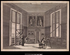 Três figuras utilizando equipamento astronómico na Grande Sala das Estrelas ou Sala do Octógono, como é hoje conhecida, no Observatório Real, c.1676 (gravura) de Francis Place