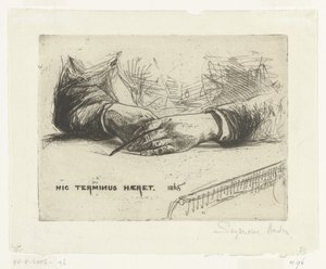 Desenho a duas mãos com lápis de cera
Mãos segurando um lápis de cera
Hic Terminus Haeret (título sobre o objecto)