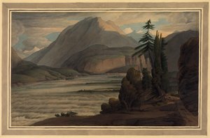No Vale dos Grisons, 1781 (caneta e tinta, lavar no papel) de Francis Towne