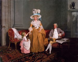 Um grupo familiar, o pai sentado, a mãe e a filha em pé, no interior do século XVIII