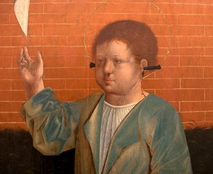 São Cyr - Detalhe de Nossa Senhora das Graças, Santa Julieta e São Cyr, pintura de Francisco Henriques (pintor flamengo activo entre 1506 e 1518), óleo sobre madeira, cerca de 1508-1512, da capela lateral de São Francisco de Évora (São Cyr, detalhe, de Fra de Francisco (attr.to) Henriques