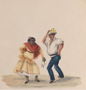 Um homem e uma mulher dançando, de um grupo de desenhos representando trajes peruanos, 1848.