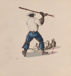 Um homem visto por trás a bater num cão com um pau, de um grupo de desenhos que representam..., ca. 1848