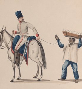 Um soldado a cavalo segurando uma corda que prende um escravo indígena equilibrando um prato..., c. 184