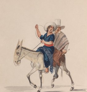 Um índio e uma índia montados em burro, de um conjunto de desenhos representando peruanos..., c. 1848.
