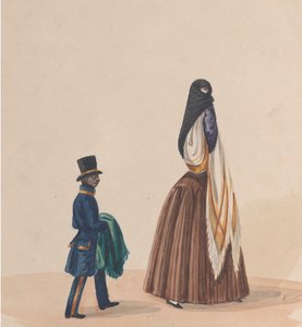 Uma mulher elegantemente vestida e sua página, de um grupo de desenhos representando o peruano..., ca. 1848. de Francisco