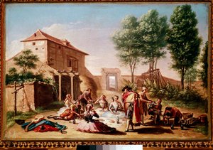 Almoço no campo: jovens da burguesia fazendo um piquenique. Pintura de Francisco Bayeu y Subias