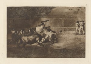 Cheval renverse par un taureau (Cavalo Atirado por um Touro), Placa B de La tauromaquia (terceira edição) de Francisco de Goya