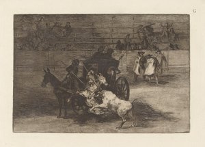 Combat dans une voiture attelee de deux mulets (Combat dans une voiture attelee de deux mulets), Plate G de La tauromaquia (terceira edição) de Francisco de Goya