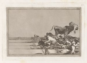 Infortúnios ocorridos na colocação da praça de Madri e morte do prefeito de Torrejon (Eventos Terríveis nas Primeiras Filas do Anel de Madri e Morte do Prefeito de Torrejon), Placa 21 de La tauromaquia de Francisco de Goya