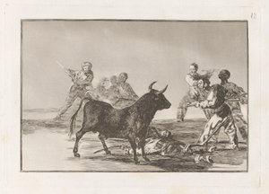 A ralé o touro com lanças, foices, banderillas e outras armas, placa 12 de La tauromaquia de Francisco de Goya