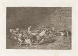Duas equipes de picadores lançados um após o outro por um único touro, placa 32 de La tauromaquia de Francisco de Goya