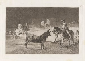 El c?lebre Fernando del Toro, barilarguero, forçando a besta com sua vara (O Celebrado Picador, Fernando del Toro, Desenha a Fera Feroz com seu Pique), Placa 27 de La tauromaquia de Francisco de Goya