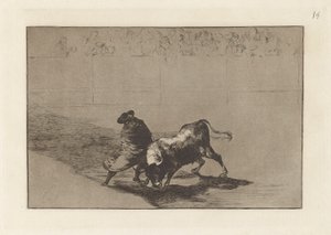 El diestr?smo estudiante de Falces, embozado burla al toro con sus quiebros (O Muito hábil aluno de Falces, Embrulhado no seu Cabo, Truques o Touro com o Jogo do seu Corpo), Placa 14 de La tauromaquia de Francisco de Goya