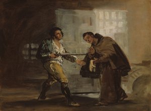Frei Pedro oferece sapatos a El Maragato e se prepara para afastar sua arma, c. 1806. de Francisco de Goya