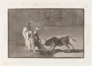Os mouros fazem outro capeo na praça com seus albornoz (Os mouros fazem uma jogada diferente no ringue chamando o touro com seus burnous), Placa 6 de La tauromaquia de Francisco de Goya