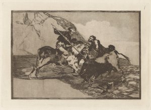 Modo con que los antiguos Espa?oles cazaban los toros ? caballo en el campo (O Caminho em que os Antigos Espanhóis Caçavam Touros a Cavalo no Campo Aberto), Placa 1 de La tauromaquia de Francisco de Goya