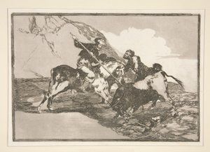 Como os antigos espanhóis caçavam os touros? cavalo no campo (A maneira como os antigos espanhóis caçavam touros a cavalo no campo aberto), pl. 1 da série Tourada de Francisco de Goya
