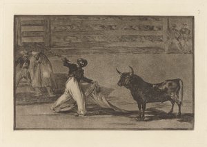 Origen de los arpones ? banderillas (Origem dos Arpões ou Banderillas), Placa 7 de La tauromaquia de Francisco de Goya