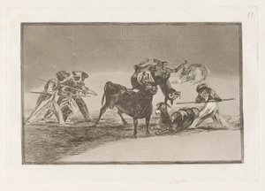 Palenque de los moros hecho con burros para defenderse del toro embolado (Os Mouros usam burros como barreira para se defenderem contra o touro cujos chifres foram derrubados com bolas), Placa 17 de La tauromaquia de Francisco de Goya